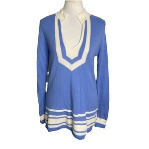 NWT Cortland Park 100% Cashmere‎ Blue White Stripe Sweater Small Preppy Coastal